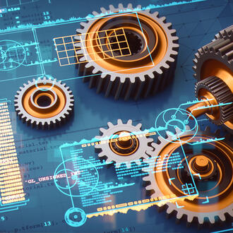 Gears surrounded by code and other digital imagery