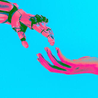 A robot hand and a human hand connect