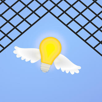 A lightbulb with wings is surrounded by a fence