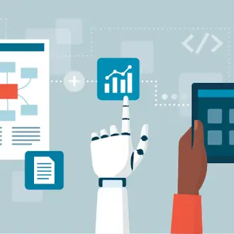 A graphic of human and robot hands manipulating digital interfaces