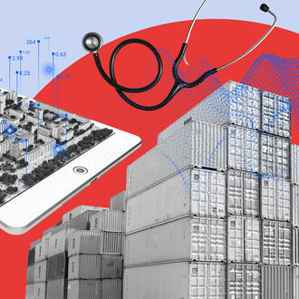 A collage with a stethescope, cargo shipping containers, real estate, and data analytics graphics
