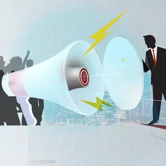 An illustration of a large megaphone generating noise from a crowd of people to a business person