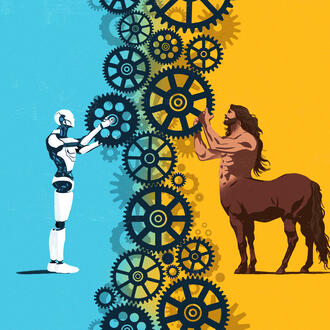 A cyborg and centaur are manipulating cogwheels