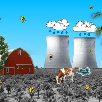 An illustration of a farm with a cow belching, palm trees, cooling towers, and bees