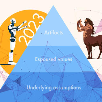 A collage of various graphics including a sun with the word "2023," a cyborg, and a centaur surrounded by algorithm imagery