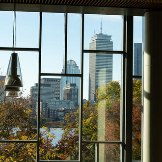 Boston skyline through a campus window