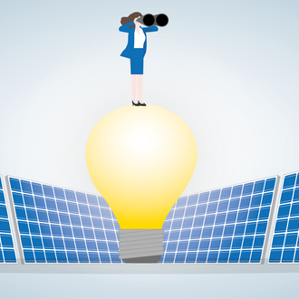 Woman with binoculars standing on a top of a lightbulb that is surrounded by solar mini-grids.