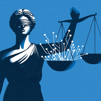 Illustration of lady justice holding a scale carrying ai network imagery