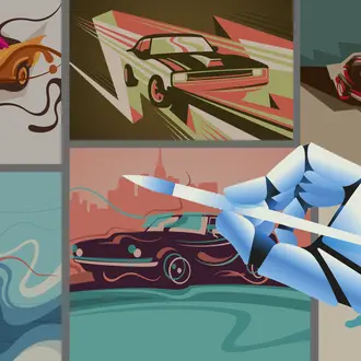 A robot hand holds a brush on top of a collage of illustrated motor vehicles