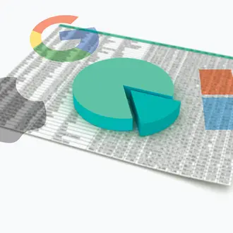 A pie chart sits on top of a spreadsheet with the logos of Google, Microsoft, and Apple