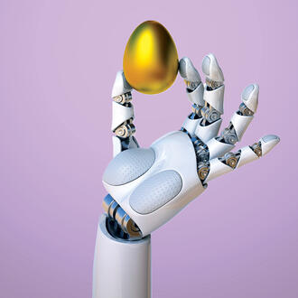 A robot hand holds a golden egg