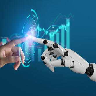Human and machine index fingers touching floating bar graph