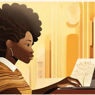 An illustration of a young woman working at a computer with creative things happening on the screen