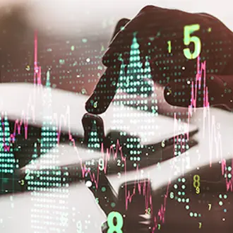 Double exposure of financial chart and numbers with a hand using a tablet