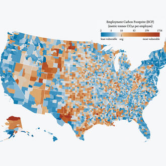 A map illustrating what US counties are most vulnerable in the energy transition out of fossil fuels