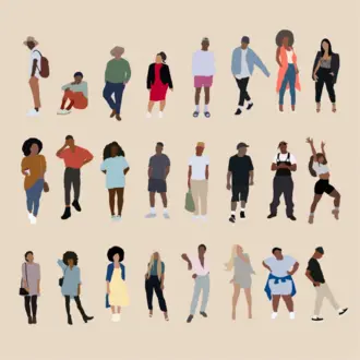 Graphic image of 24 african american people in different postures and styles of dress