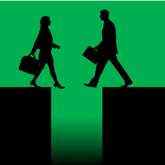 two business people carrying briefcases about to walk off a cliff