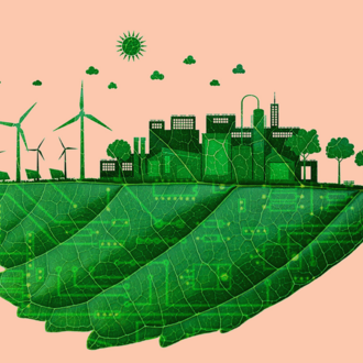 Leaf with city growing on top and windmills