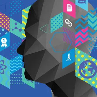 Image of a head surrounded by diamond-shaped images related to AI.