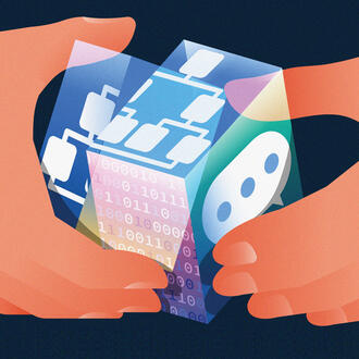 An illustration of hands twisting a cube with AI graphics