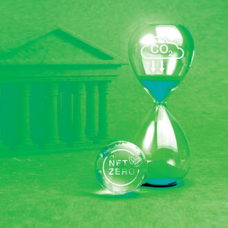  Reduce CO2 emissions icon on hourglass and net zero symbol on glass earth globe next to a bank illustration