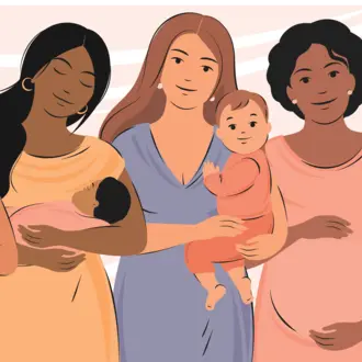 Five women, two of them pregnant and three of them holding babies.