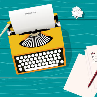 Illustration of typewriter, paper, pen, notebook