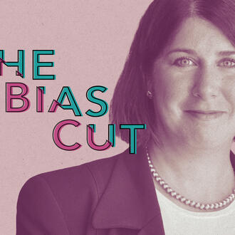 ellen lederman smiles at the camera with the words the bias cut descending diagonally to the lower right corner