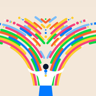 An illustration of a person embracing colorful data imagery