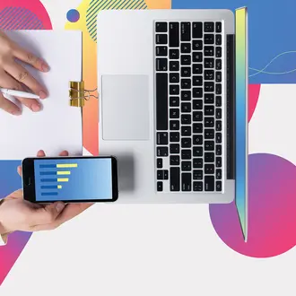 A laptop and mobile device juxtaposed with geometric shapes and conversation bubbles