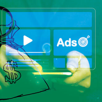 A magnifying glass with money juxtaposed with a person holding a phone with digital ads