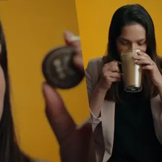 A split photo of Neha in front of a yellow background drinking from a cup of coffee beside a close up of her looking at a Keruig K Cup
