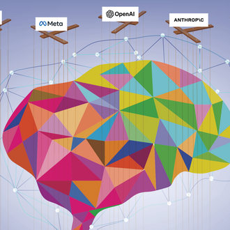 Wooden marionette control bars with the names of Google, Meta, OpenAI, and Anthropic moving shapes resembling a brain
