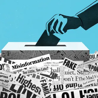 An illustration of a person's hand putting a ballot into a voting box surrounded by news clippings with words like "misinformation" and "fake"