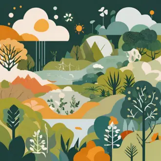 Graphic of a landscape including trees, water and clouds