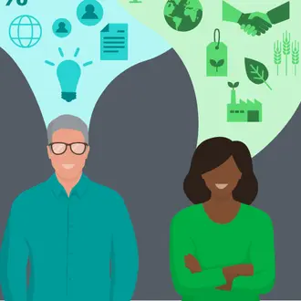 Illustration of diverse group of people with colorful thought bubbles