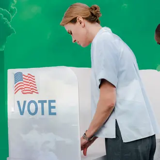 People at election voting booths juxtaposed with smoke stacks