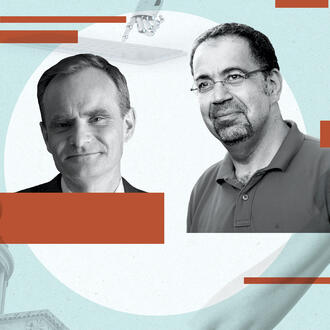Photo illustration of Simon Johnson and Daron Acemoglu
