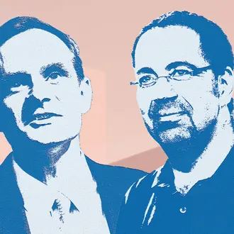 Photo illustration of Simon Johnson and Daron Acemoglu
