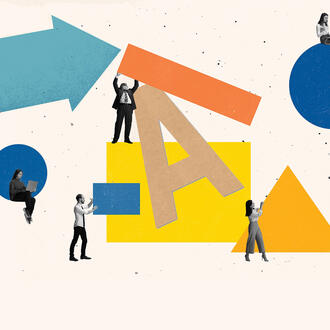 Various employees holding different shapes. The letters "A" and 'I" can be seen.