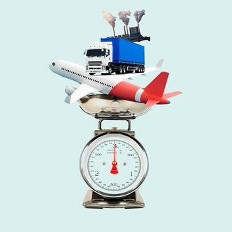 A plane, truck, and factory with smoke stack sit on top of a scale