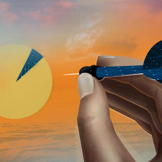 A person hits a bullseye that's also a pie chat with AI imagery