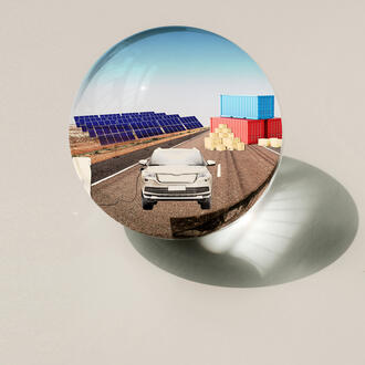 Solar panels, shipping cargo, and an electric vehicle appear in a crystal ball