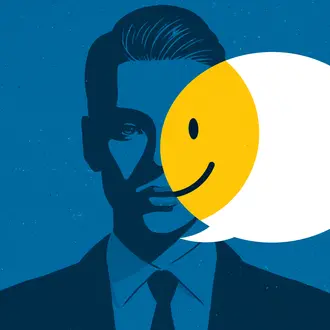 A bright happy face with a speech bubble shows up over a dark and serious-looking business person