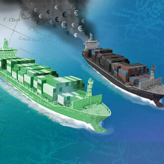 Two cargo ships are side-by-side in the ocean; one is green and the other is dark and dirty and emitting pollution with the euro coin symbol