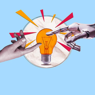 A human hand and a robot hand touch a lightbulb with flares