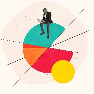 a colorful pie chart with a man and a computer sitting on top