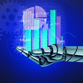 A robotic hand holds a pie chart, bar chart, and other monetary symbols