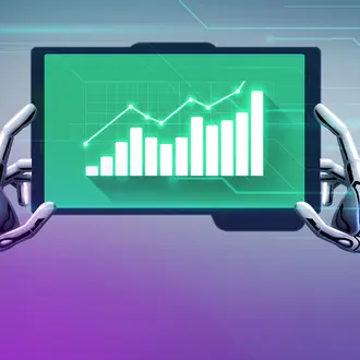 Robot hands hold up a tablet with financial graphs