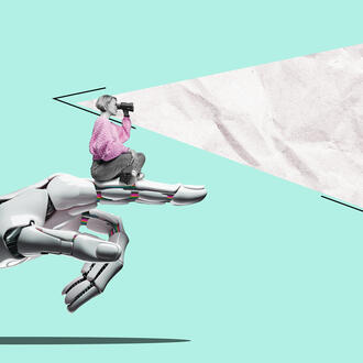 A woman looking through binoculars sits on top of a robot hand